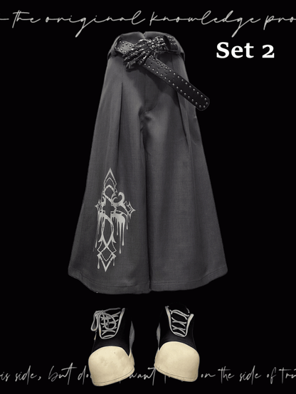 Gray Cross Print Vintage Wide-Leg Pants