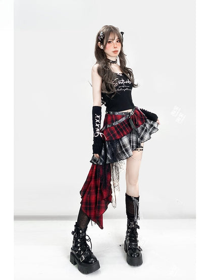 Clearance-Size M for Waist 76CM Y2K Red Plaid Asymmetrical Hem Tiered Punk Glamorous Skirt