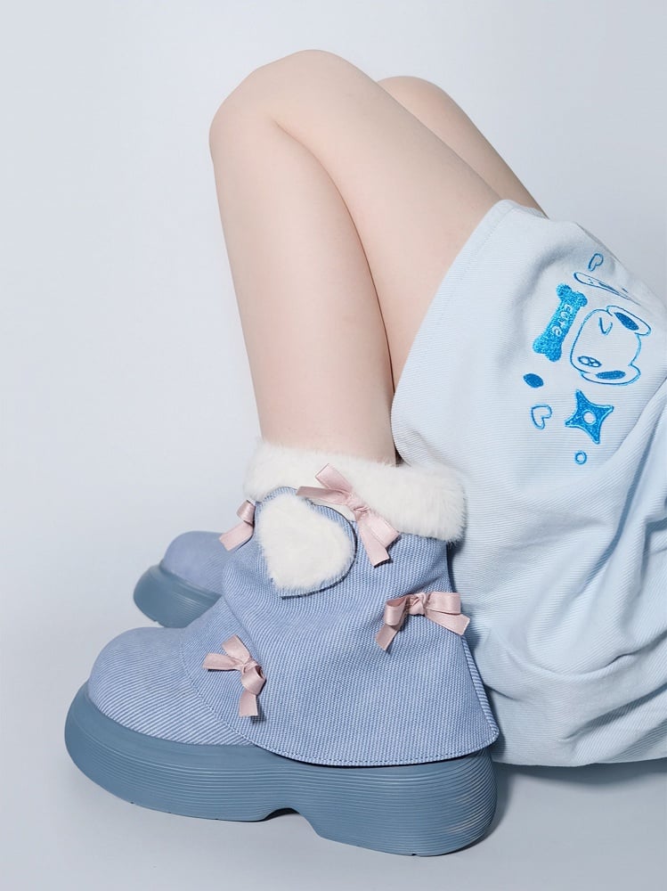 Bow Accents Denim Blue Sweet Winter Boots