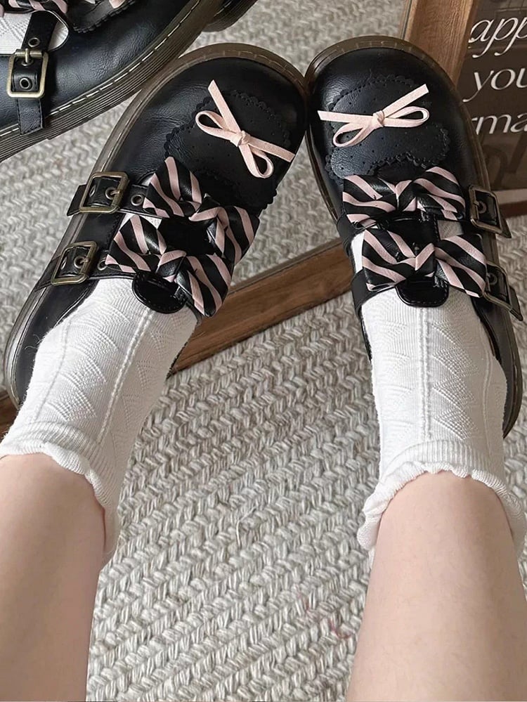Black Striped Pattern Bowknot Details Bear Design Lolita Flats