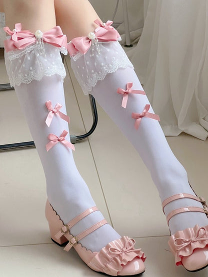 Black/White Underknee Stockings With Pink Bowknot Details And White Lace Cuff