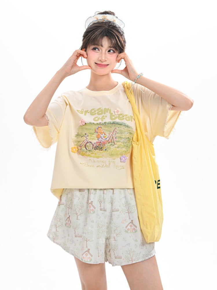 Adorable Bunny Print Green Drawstring Waist Wide-leg Shorts