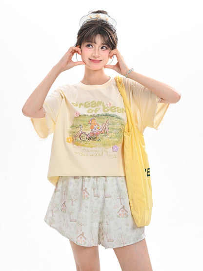 Adorable Bunny Print Green Drawstring Waist Wide-leg Shorts