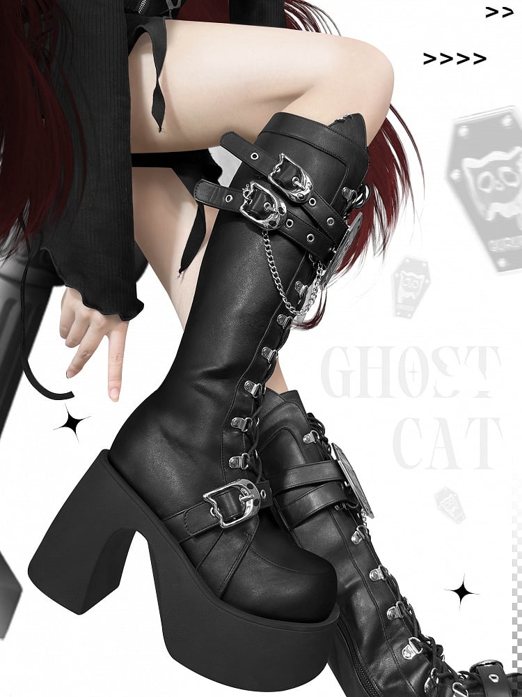 Ghost Cat Black High Block Heel Boots with Detachable Chain