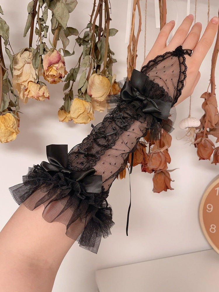 Beige/White/Pink/Black Bowknot Details Polka-dot Pattern Lace Wrist Cuffs
