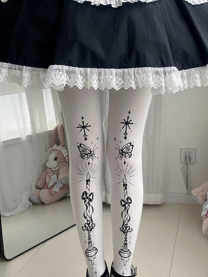 Butterfly and Candelabra Print Gothic Lolita White Tights