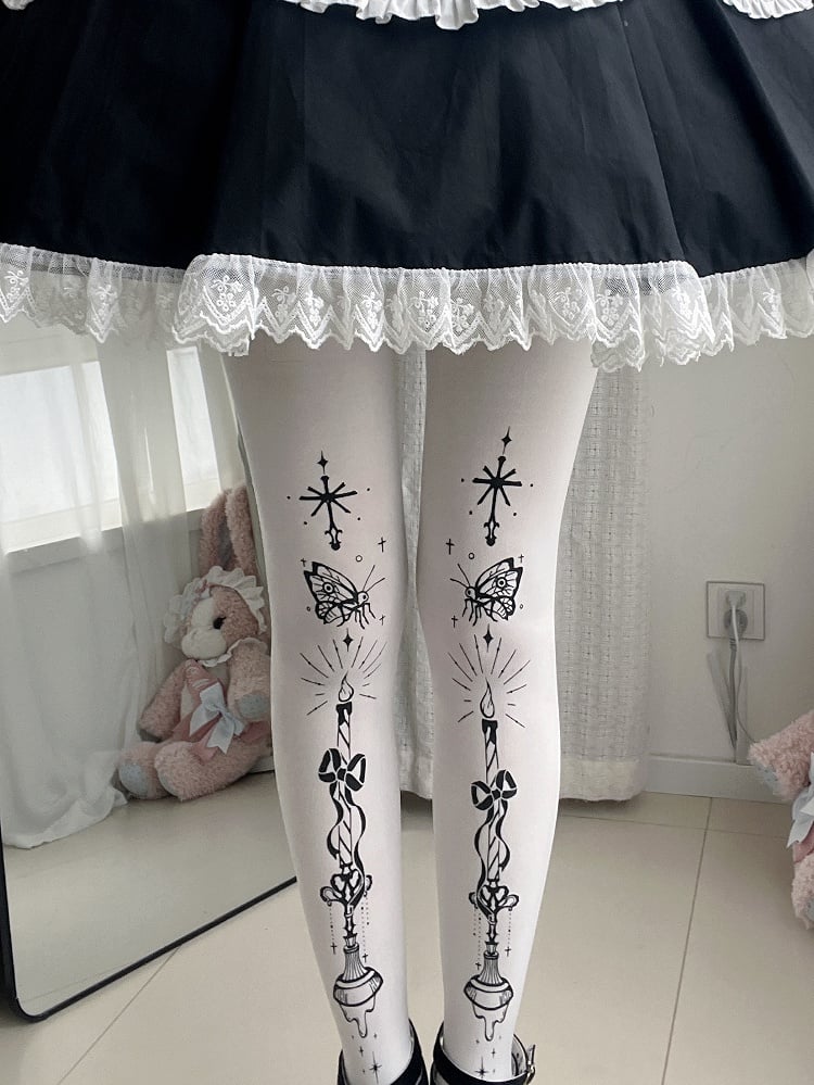 Butterfly and Candelabra Print Gothic Lolita White Tights