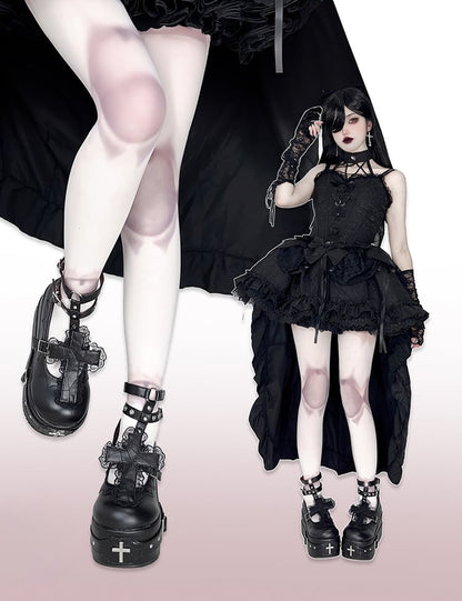 Clearance-Size 38 Matte Black Gothic Lolita Lace Trim Cross Platform Shoes