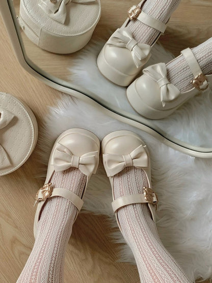 Hugging Bear Heart Buckle Beige Bow at Top Platform Mary Janes with Velcro Strap