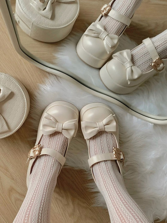 Hugging Bear Heart Buckle Beige Bow at Top Platform Mary Janes with Velcro Strap
