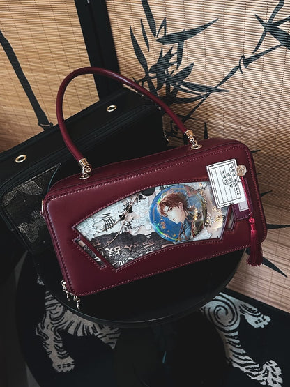 Red Embroidered Bamboo Leaf Cheongsam Style Ita Shoulder Bag with Fringe Charm