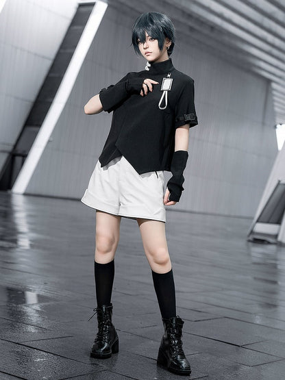 Black Ouji Fashion Futuristic Techwear High Neck Short Sleeves Top