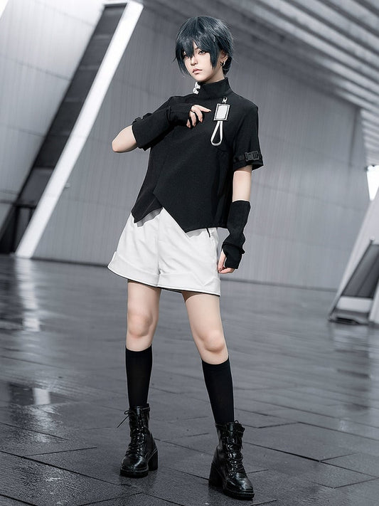 Black Ouji Fashion Futuristic Techwear High Neck Short Sleeves Top