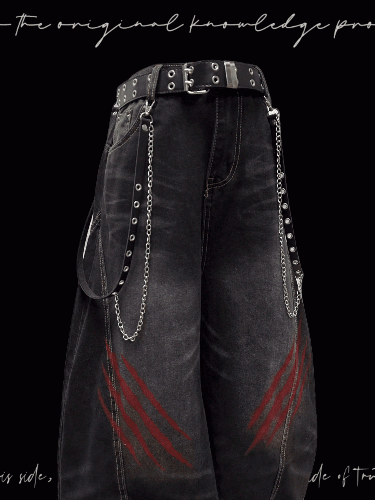Black Faded Wash Scratch Print Distressed Punk Wide-Leg Jeans
