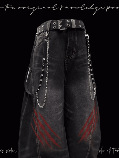 Black Faded Wash Scratch Print Distressed Punk Wide-Leg Jeans