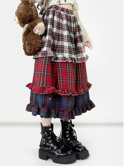 Red Christmas Plaid Pattern Tiered Ruffles Skirt