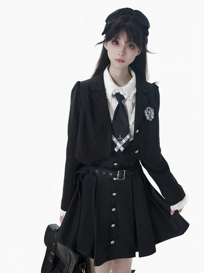 Black/Gray Adjustable Strap Box Pleat Overall Skirt with Belt