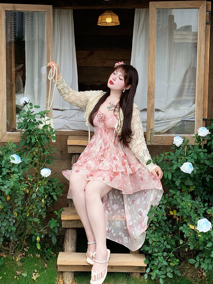 Plus Size Basque Waist Cascading Ruffle Pink Rosette Print Cami Dress High-low Skirt