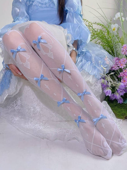 White and Blue Bow Semi-sheer Over Knee Stockings