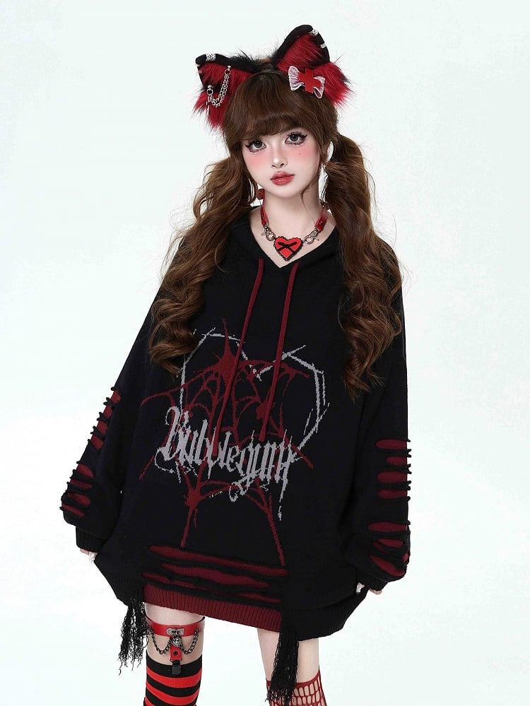 Black and Red Gothic Spiderweb Distressed Holes Hooded Sweater
