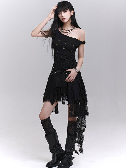 Black Lace Patchwork Cascading Ruffles Skirt