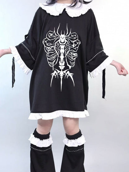 Black Jirai Kei Peter Pan Collar Insect Print Ruffles Trim T-shirt With Studs Decorated Leg Warmers