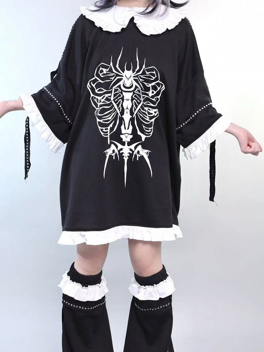 Black Jirai Kei Peter Pan Collar Insect Print Ruffles Trim T-shirt With Studs Decorated Leg Warmers