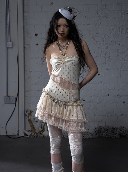 Beige/Black Halter Neck Lace Patches Waist Polka-dot Vintage Strapless Dress