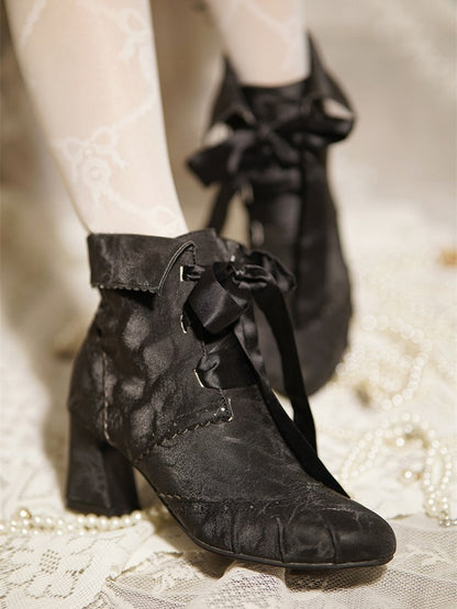 Mid-Heel Elegant Black Lolita Boots - Foldable Cuff with Inner Zip & Lace-Up Design