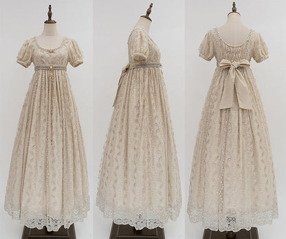 Allover Beaded Leaves Design Beige Empire Waist Elegant Lolita One Piece Long/Short Version