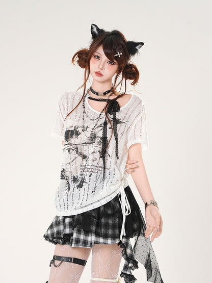 Self-tie Straps Neckline Butterfly Print Black/White Distressed Holes T-shirt