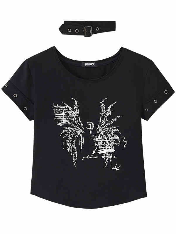 Black Wings Print Cotton Cropped T-shirt with Choker