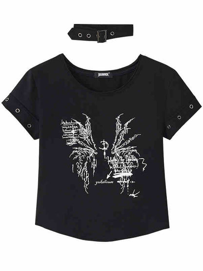 Black Wings Print Cotton Cropped T-shirt with Choker