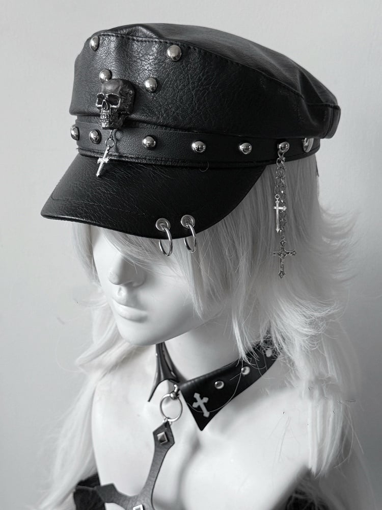 Y2K Black PU Cross Charm Punk Studded Hat