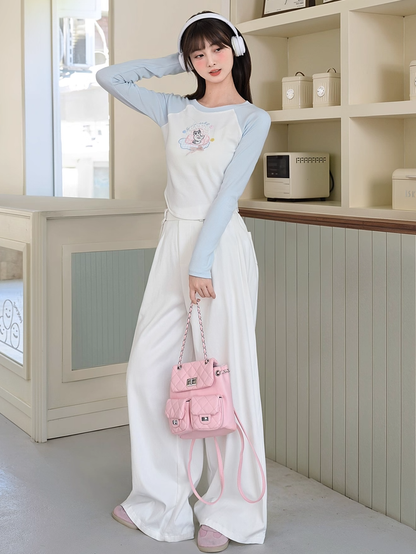 Cartoon Kitty Embroidery Blue and White Colorblock Design Top