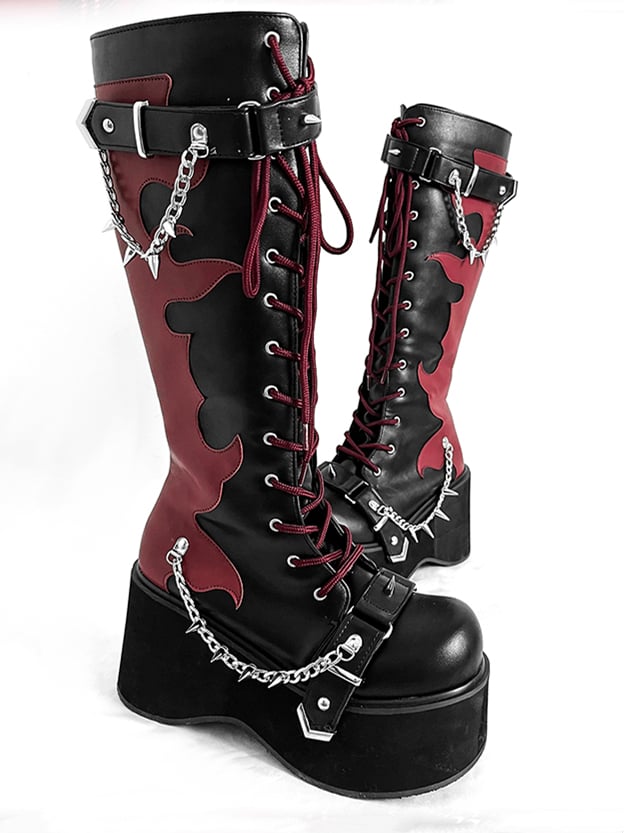 Black and Red Punk Goth Platform Boots Spike Studs Chains Knee-high Boots