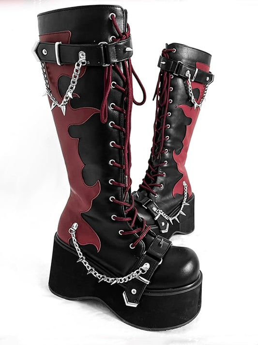 Black and Red Punk Goth Platform Boots Spike Studs Chains Knee-high Boots