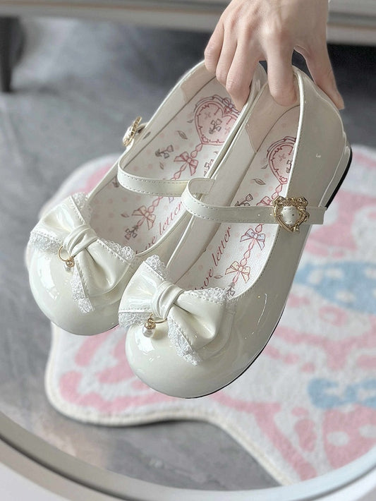 White Lace Trim and Bead Charm Decorated Bowknot Sweet Lolita Mary Janes