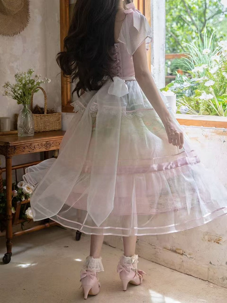 Oil Painting Water Lily Print Light Pink Square Neckline and Flutter Sleeves One Piece