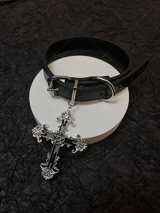Cross Pendant Black Gothic Punk PU Choker