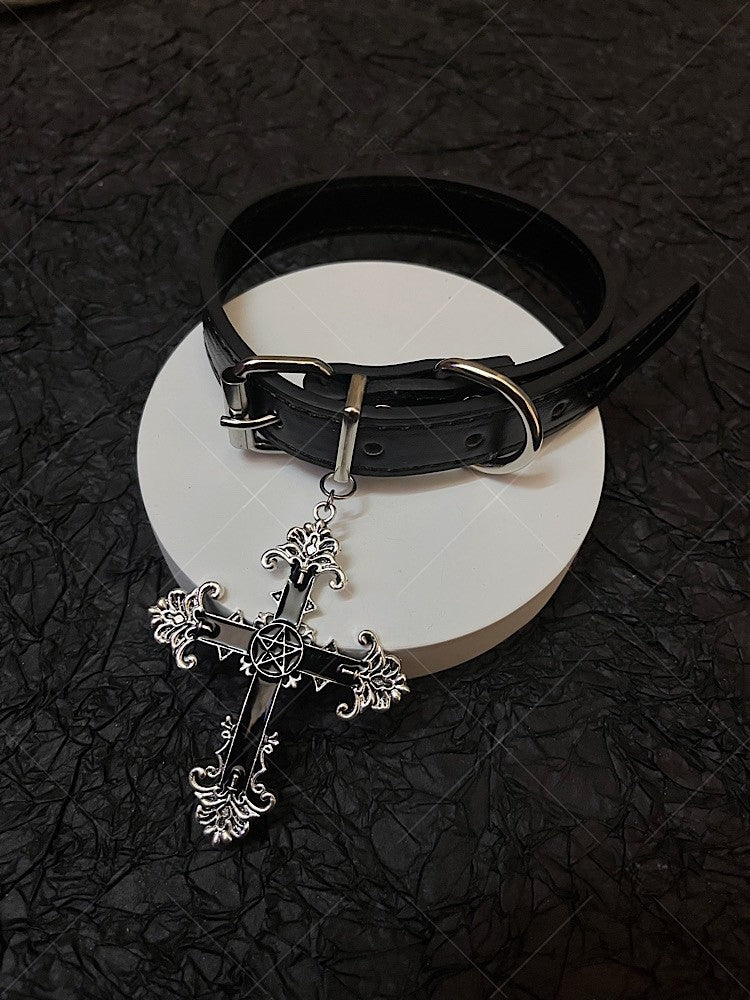 Cross Pendant Black Gothic Punk PU Choker