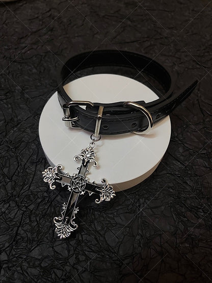 Cross Pendant Black Gothic Punk PU Choker