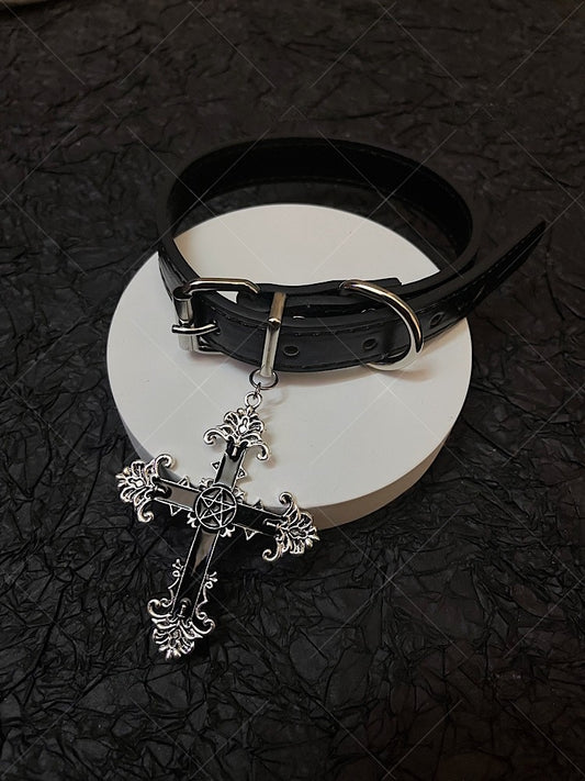 Cross Pendant Black Gothic Punk PU Choker