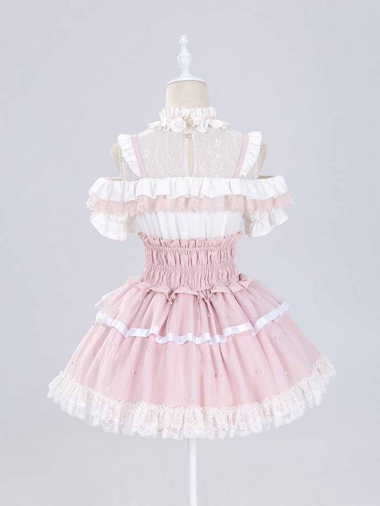 Allover Beads Pink High Waist Jirai Kei Skirt with Lace Up and Shirring Waist