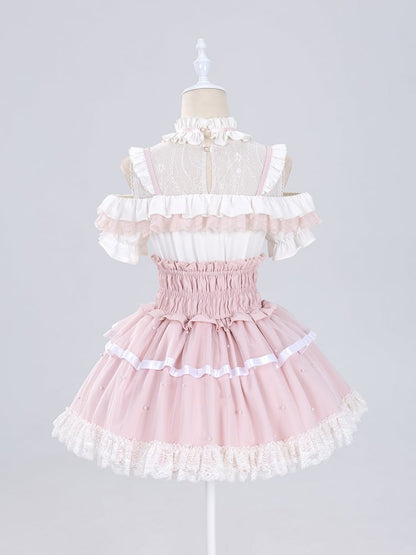 Allover Beads Pink High Waist Jirai Kei Skirt with Lace Up and Shirring Waist