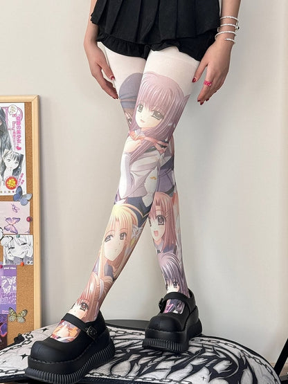 White Cartoon Girl Print Tights