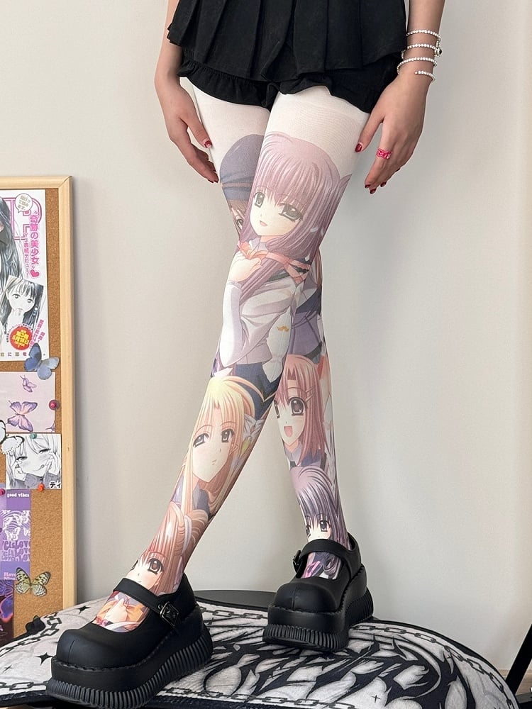White Cartoon Girl Print Tights