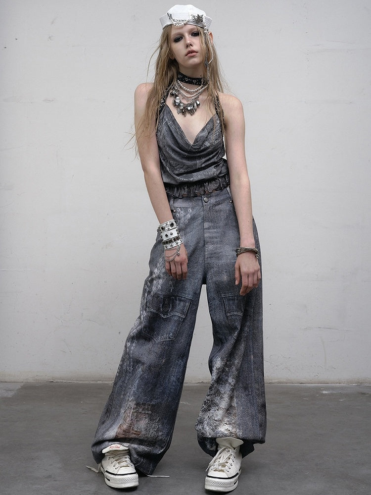 Blue Wasteland Punk Glamorous Cowl Neckline Ruffles Trim Halter Neck Top