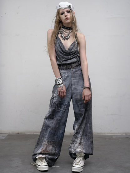 Blue Wasteland Punk Glamorous Cowl Neckline Ruffles Trim Halter Neck Top