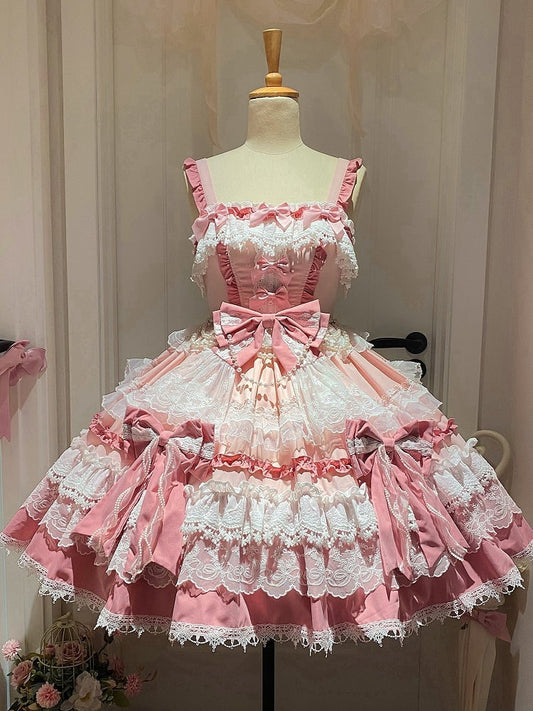 Pink Detachable Bows and Bead Details Sweet Tiered Skirt Lolita Dress